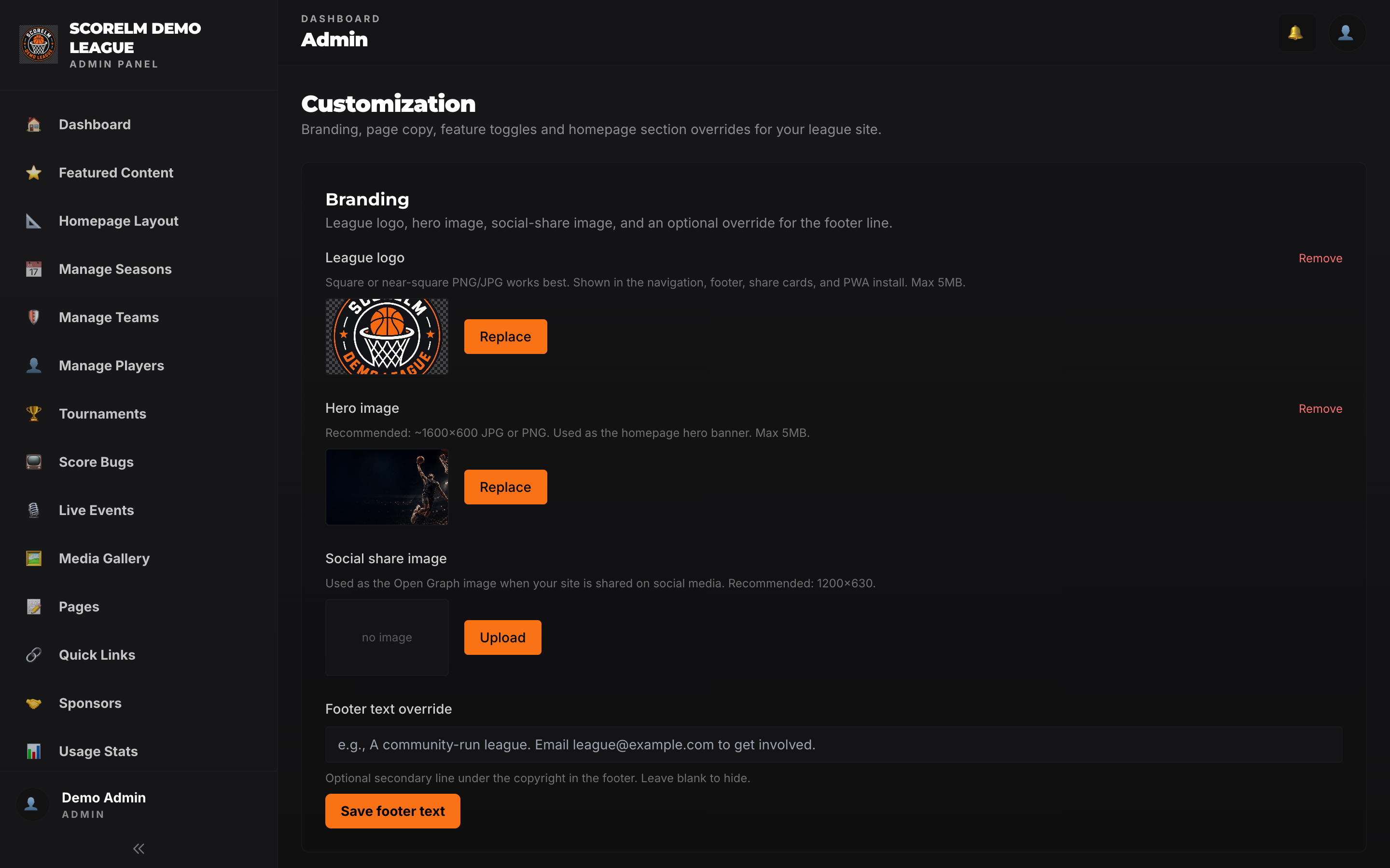Theme and branding settings in the ScoreLM admin: colors, logo uploads, and fonts
