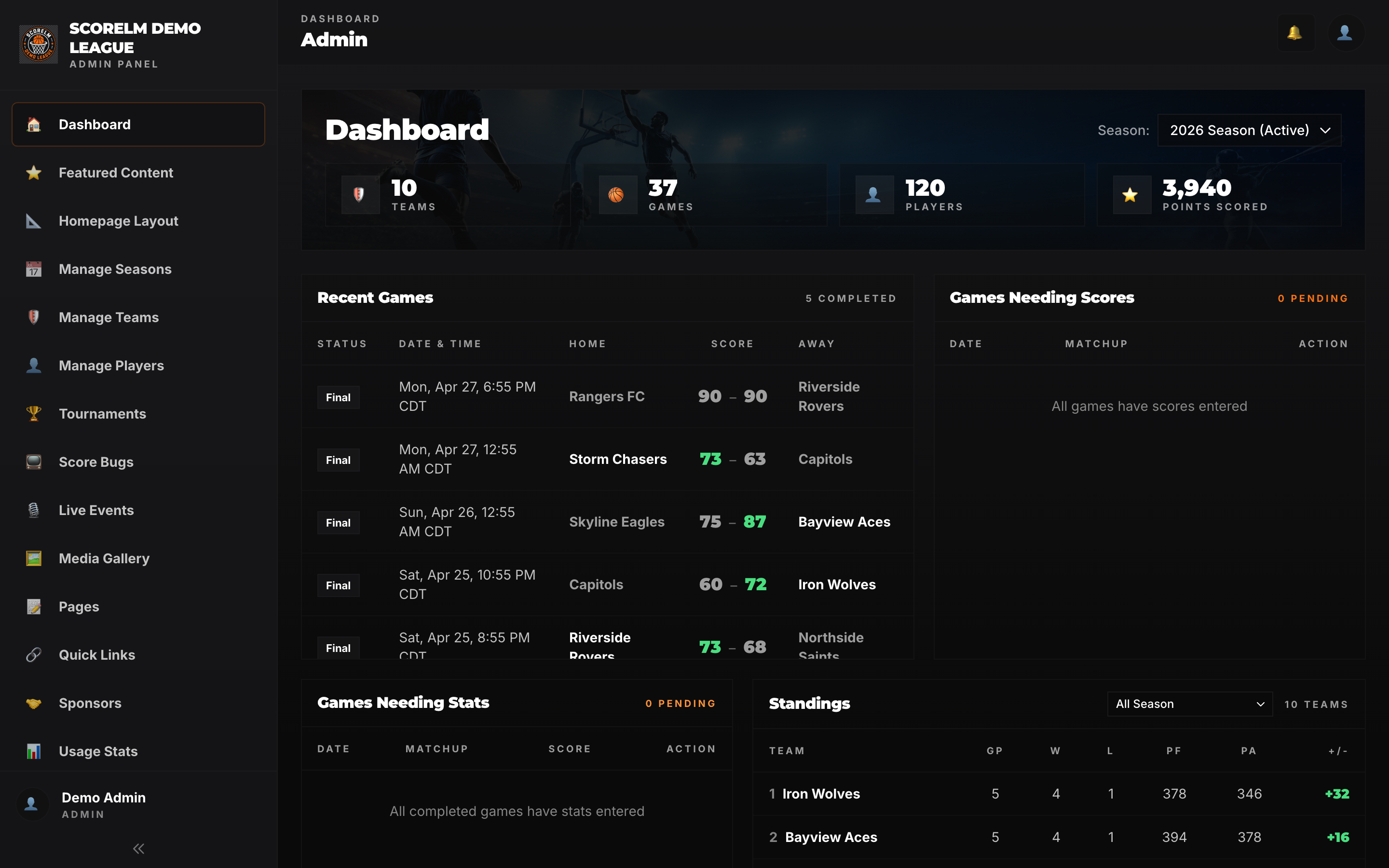League admin dashboard in ScoreLM league management software