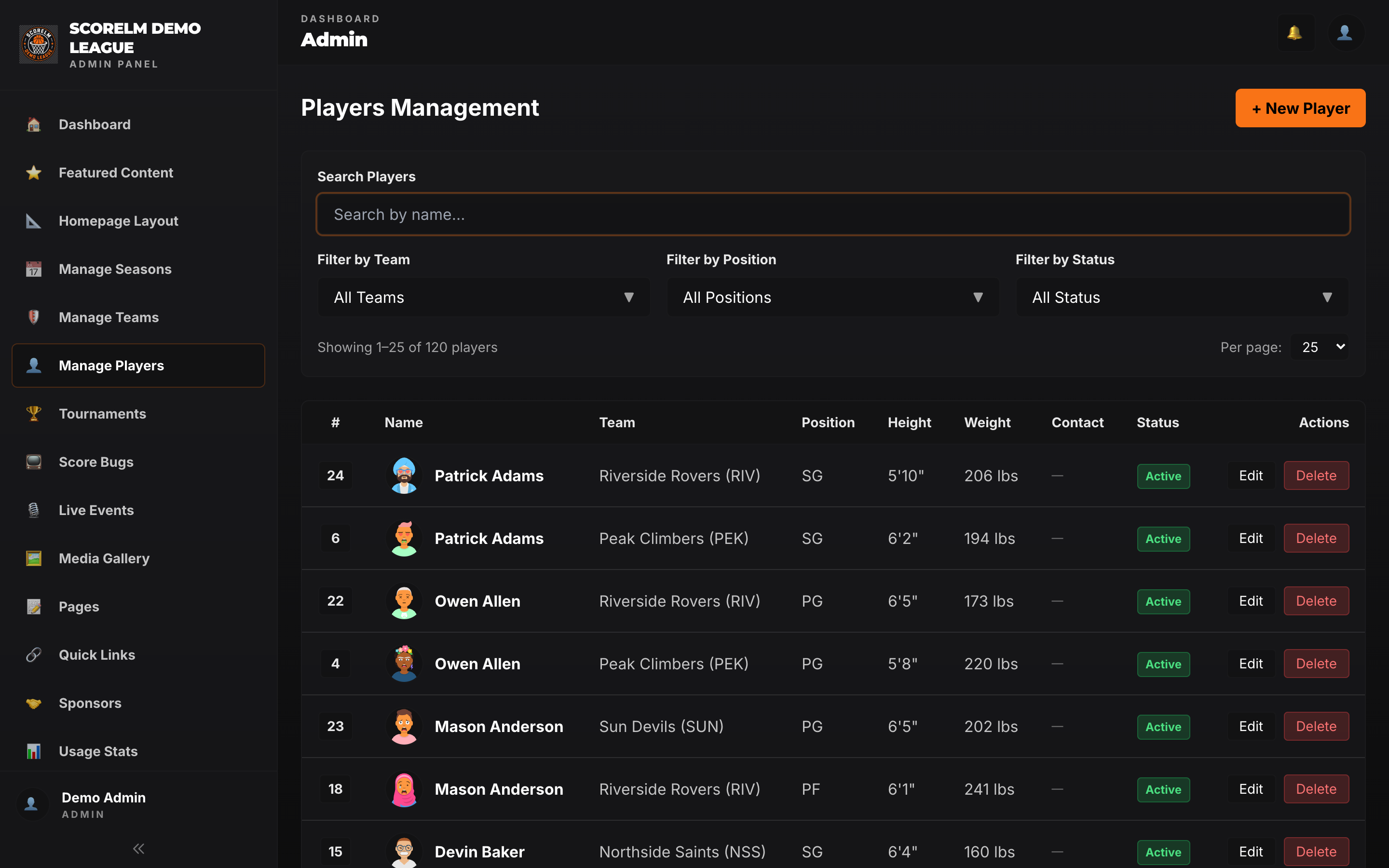 Roster building — add players, set jersey numbers