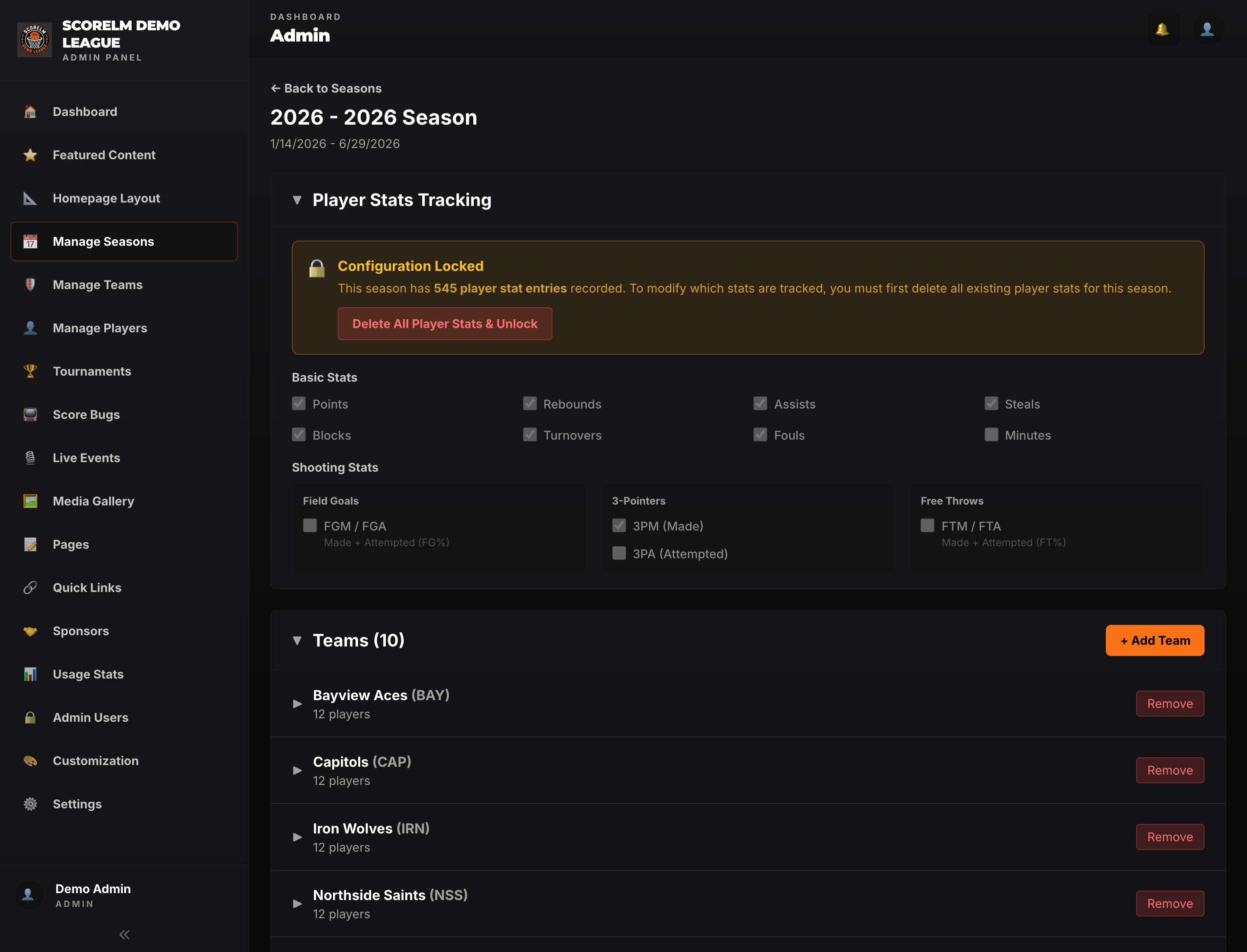 Season management view with stat tracking config, locked stats config banner, and the team roster