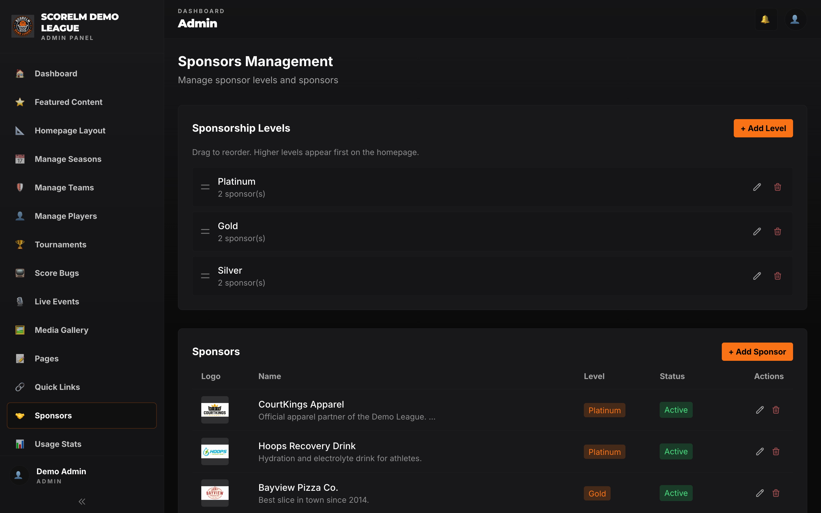 Sponsor management with tiers and logos