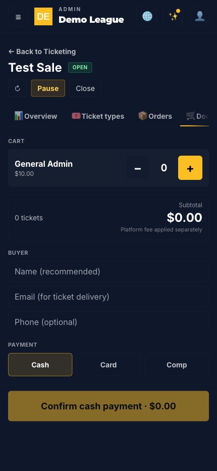 Door ticket sale screen for selling cash and card tickets from a phone at the gate