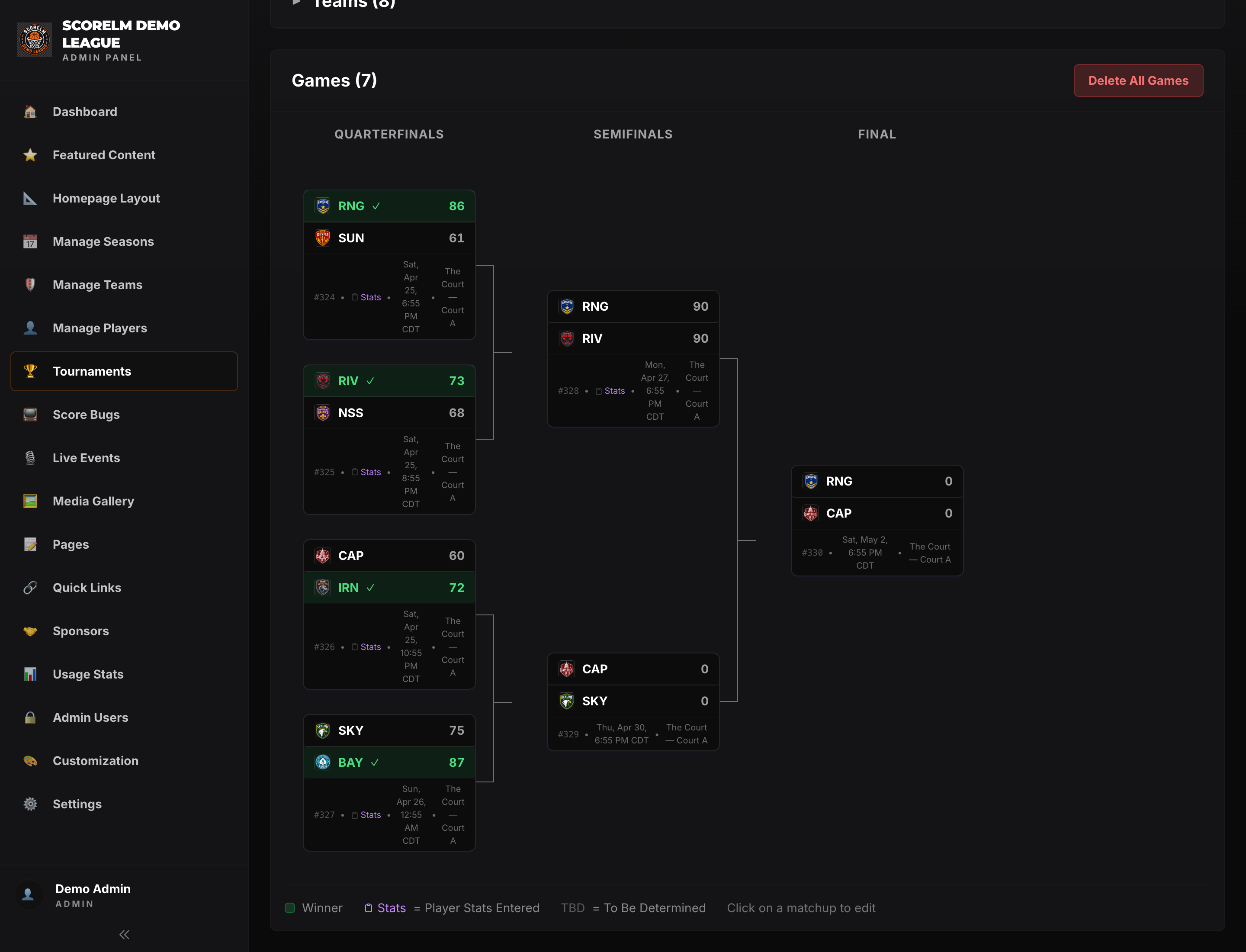 Tournament management view with full single-elim bracket — quarterfinals, semifinals, and final