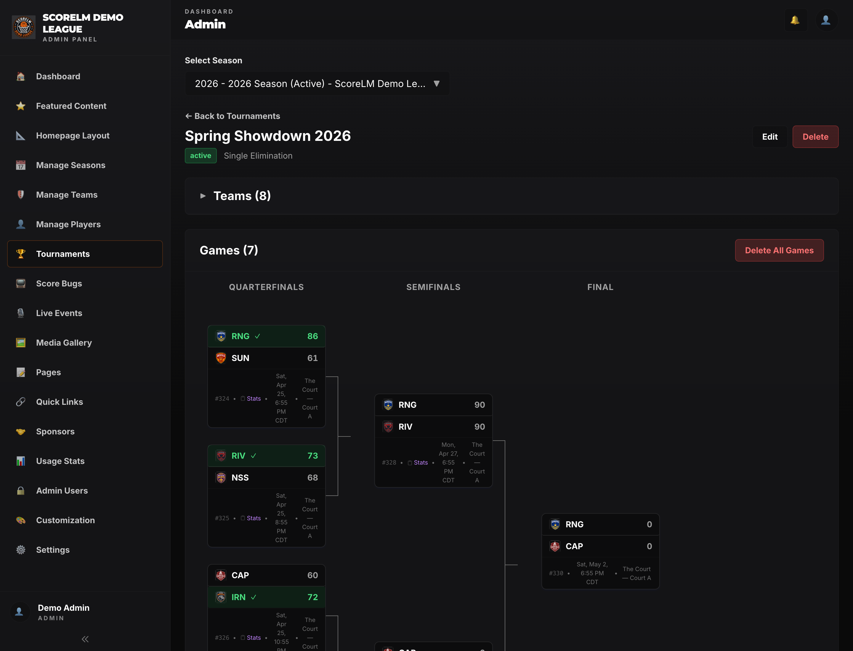 Bracket view in ScoreLM tournament management software with winners advancing to the next round