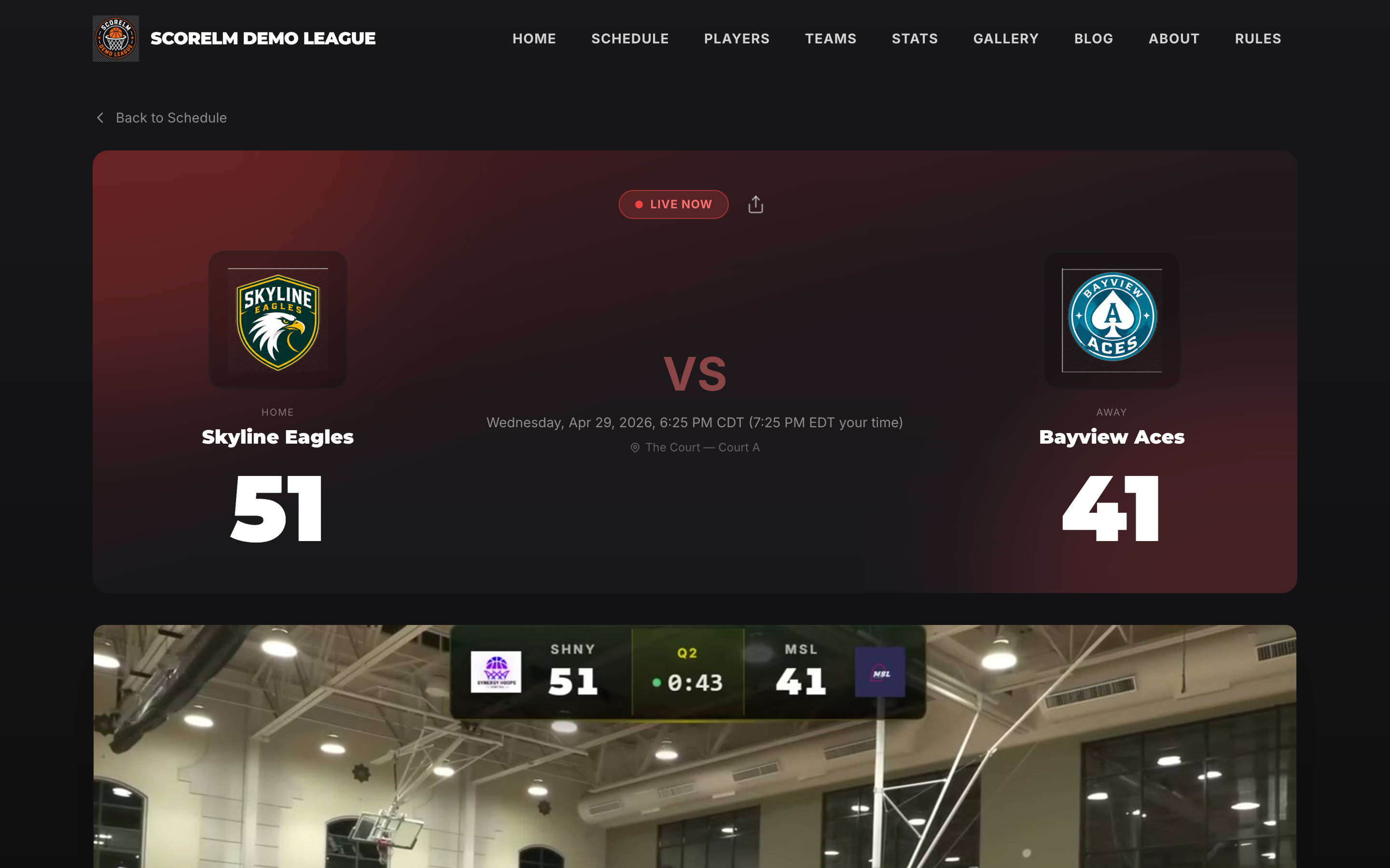 Live game page with embedded broadcast and scorebug