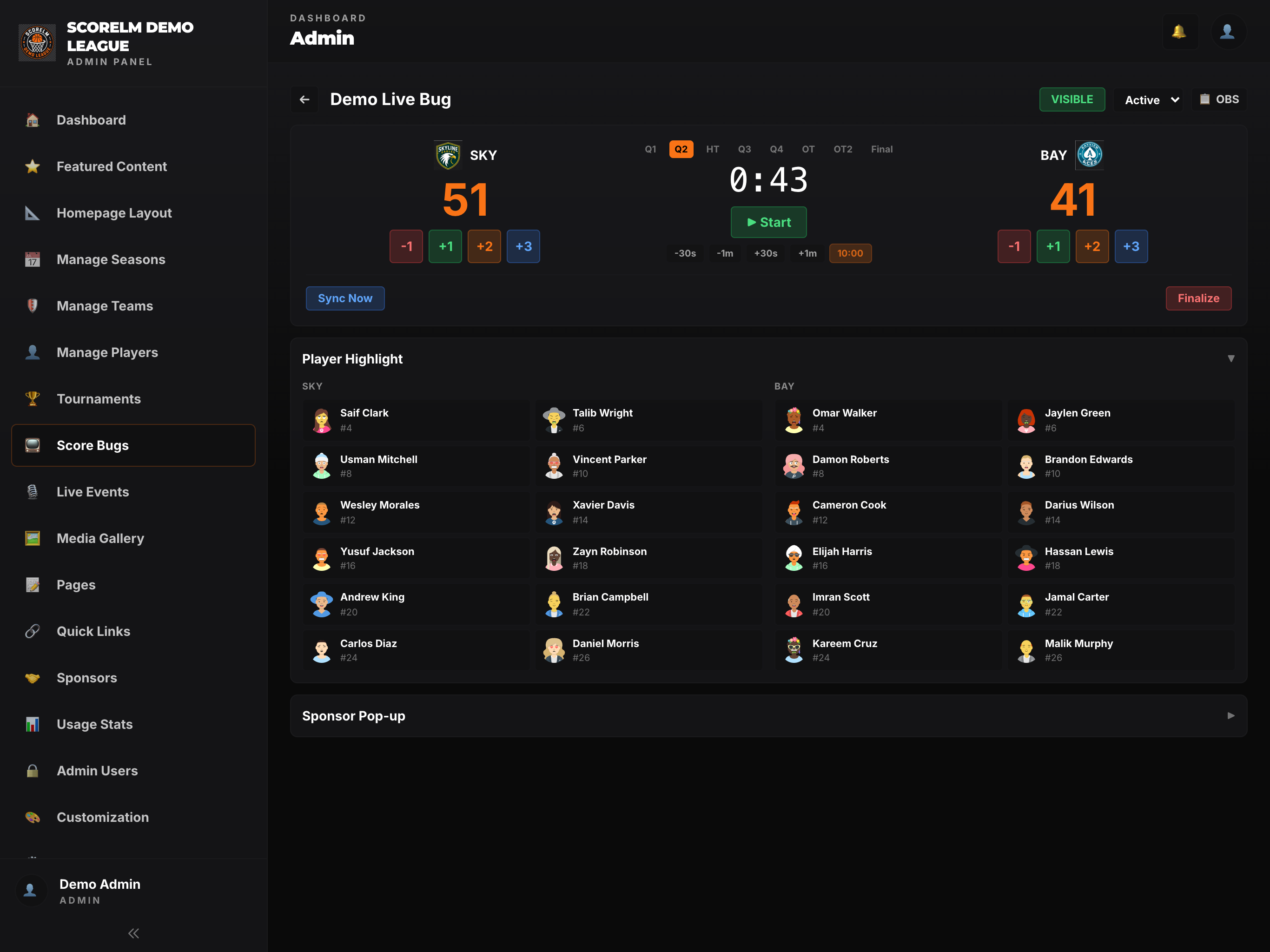 Scorebug control panel on a tablet courtside