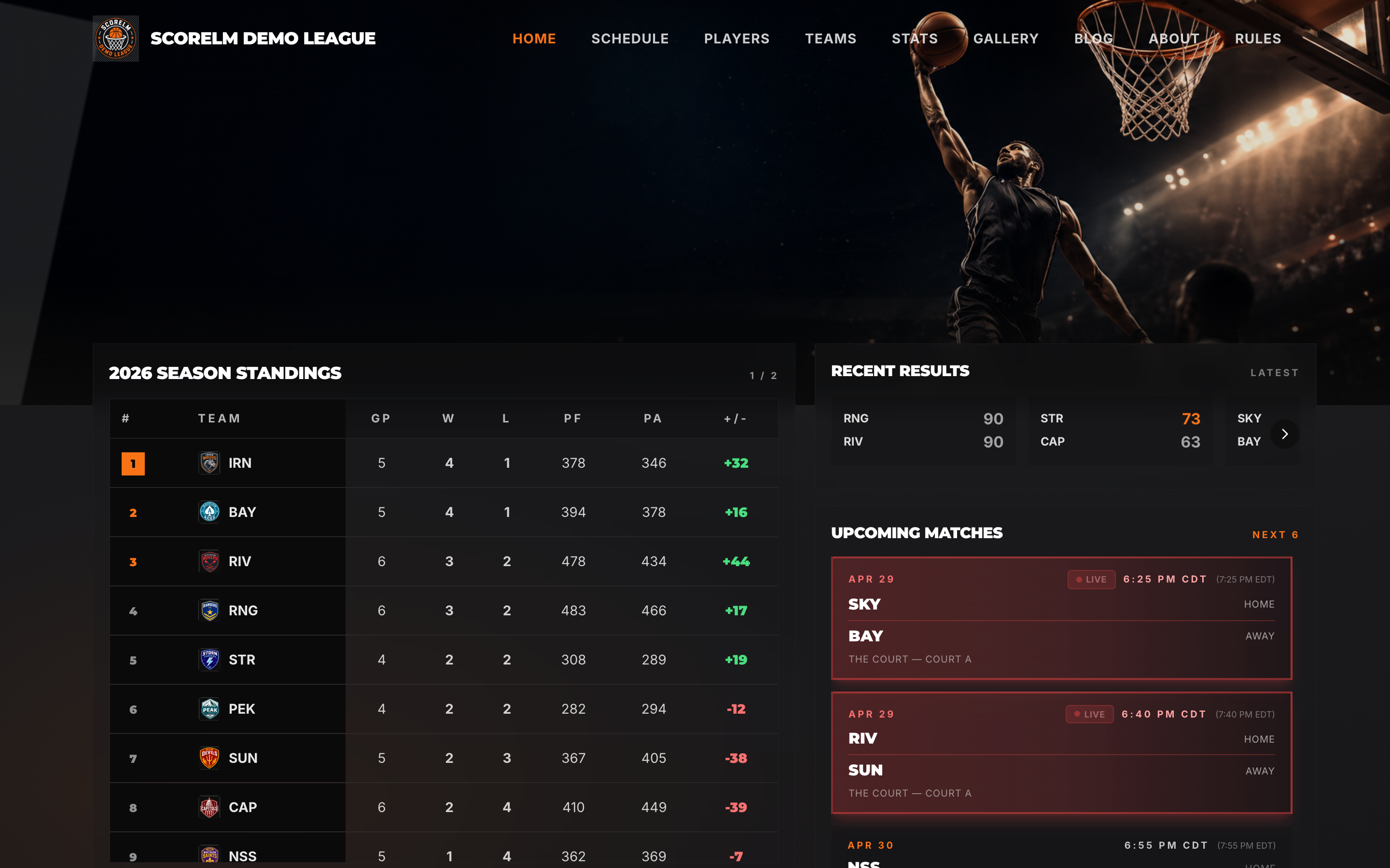 Public league homepage with banner, standings, and live games