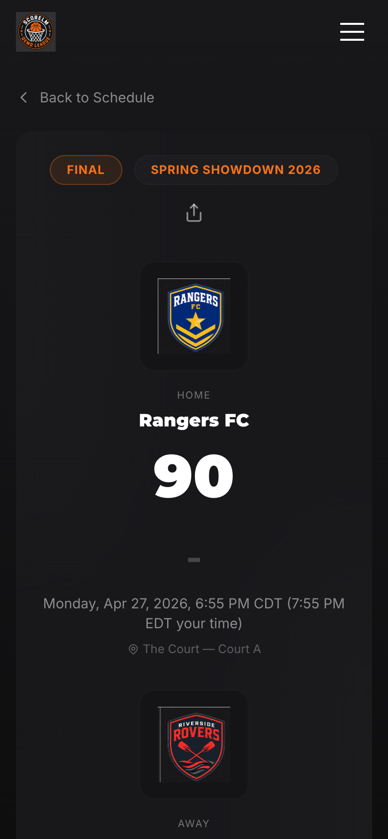 One game page — schedule, stream, scorebug, box score