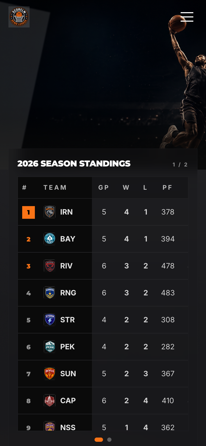 Public league homepage on a phone