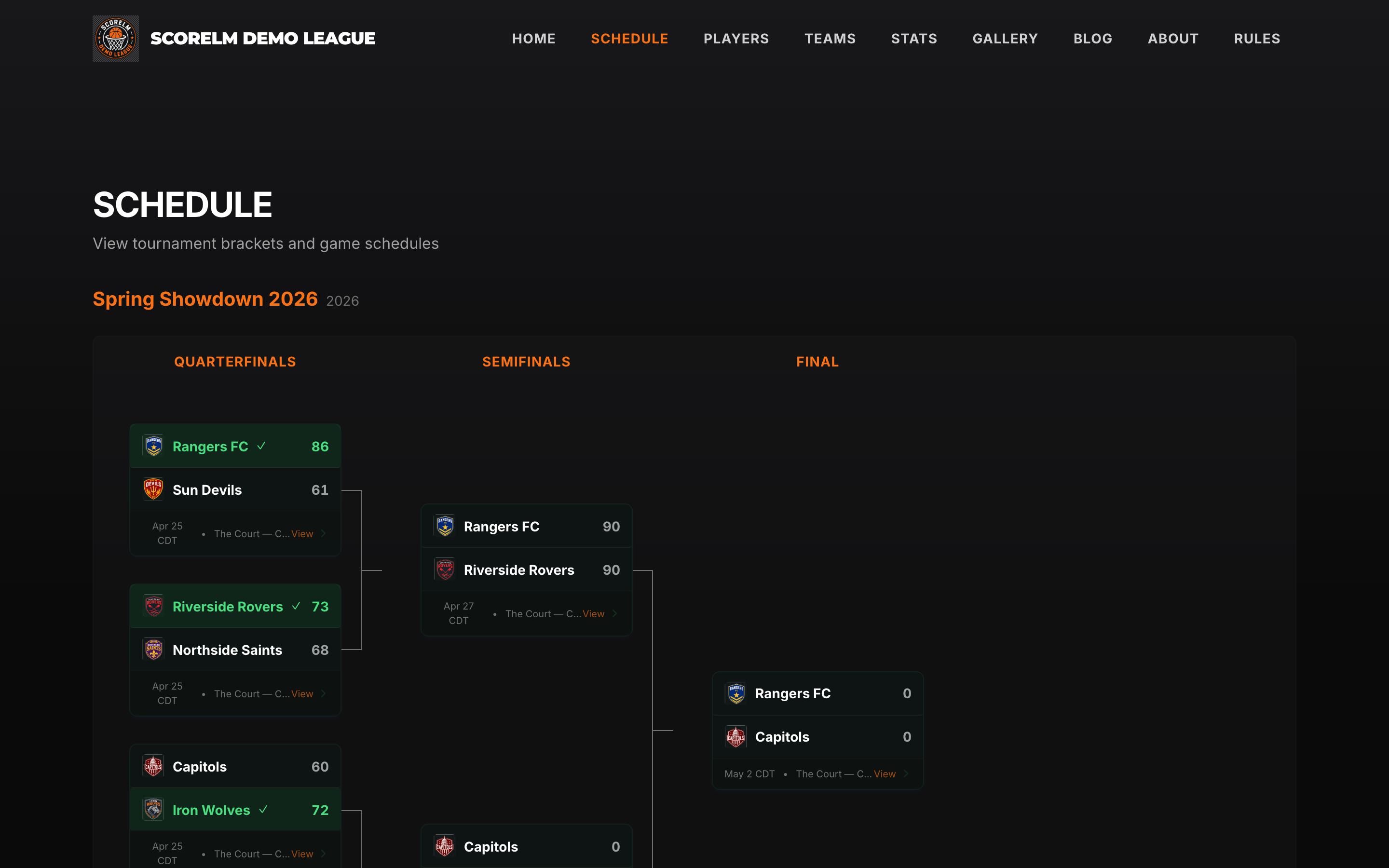 Matchday schedule with game times and statuses