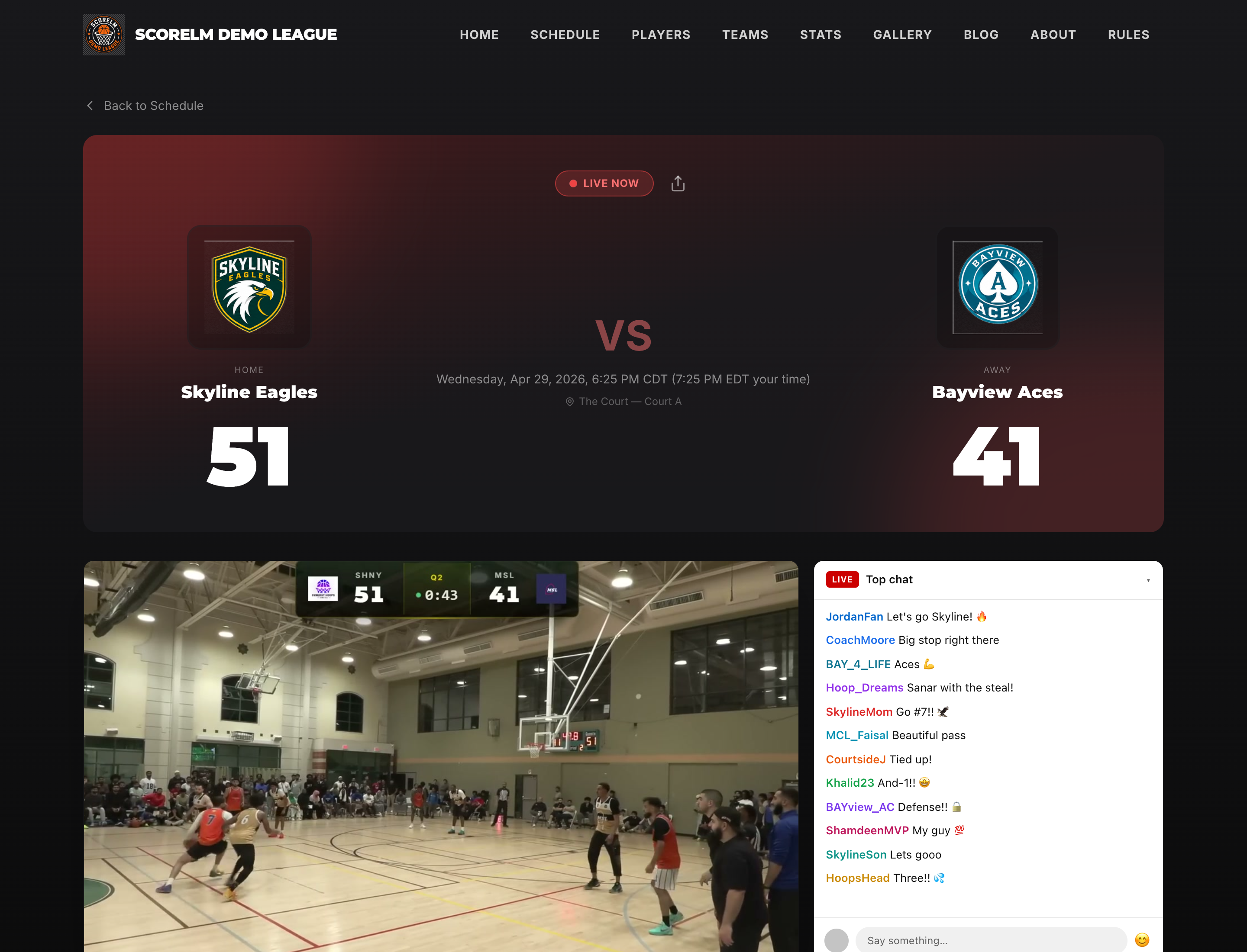 Embedded live stream with broadcast scorebug overlay and live chat sidebar on the game page