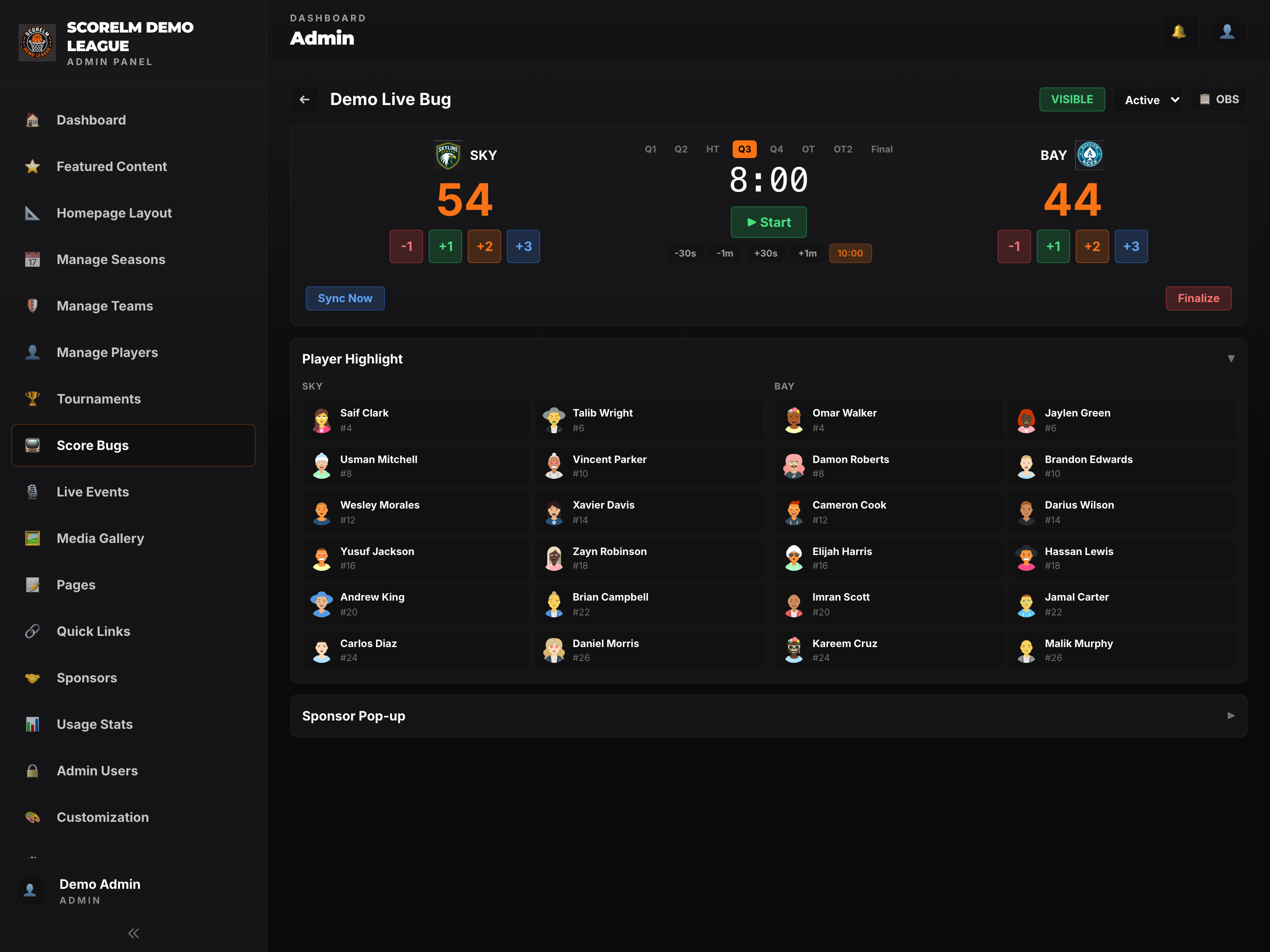 Live scorebug control panel with both teams, scoring, and clock